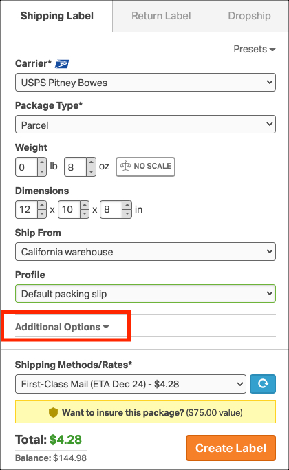 Shipping label specifications